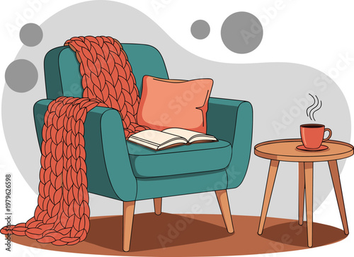 Cozy armchair with blanket, pillow and coffee cup, relaxing home interior scene illustration isolated vector for comfort and lifestyle design