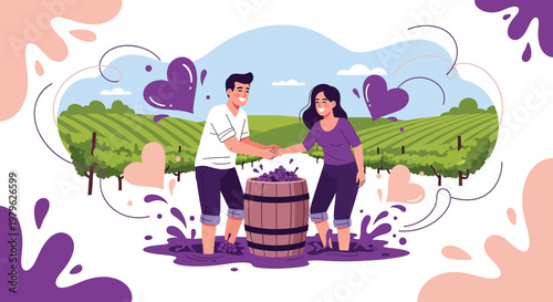 Couple Grape Stomping Vineyard Love Hearts Illustration