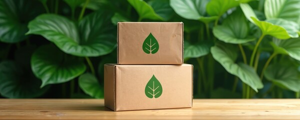Cardboard boxes with green leaf logos sit stacked on a wooden surface. Lush green foliage provides a vibrant natural backdrop. Packaging is eco-friendly and sustainable.