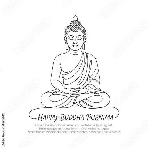 Happy Buddha Purnima minimalist line art illustration of Lord Buddha in meditation pose, greeting card design.