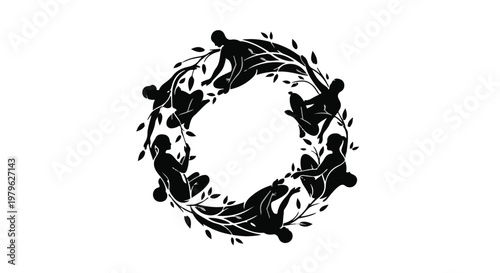 Silhouettes of human figures and intertwined branches form a circular wreath design, representing community, unity, and connection to nature.