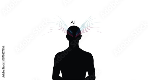 Artificial intelligence concept shows a human silhouette with neural data.