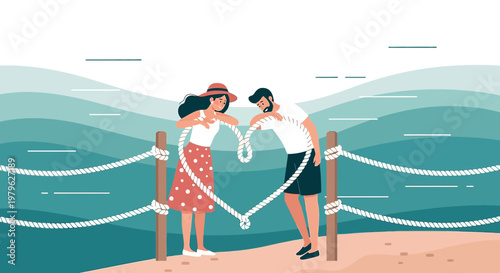Couple Forming Heart Shape with Rope on Beach, Love and Romance