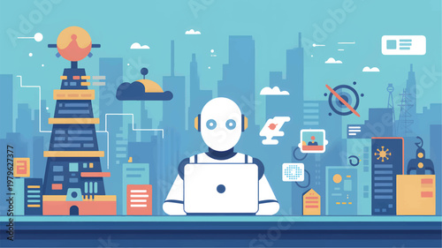 White robot with a round head using a laptop in front of a blue stylized city skyline, an android computer