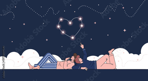 Couple gazing at heart constellation in starry night sky, romance and love concept.