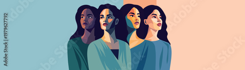 Vector abstract banner to Women's Day, feminism, unity. Strong women of different cultures, skin colors, and nationalities unite and look forward. Movements for gender equality and women's empowerment