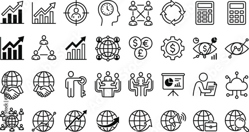 Business finance and global analytics outline icon set featuring growth charts teamwork strategy economy and corporate communication symbols collection