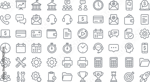 Business office and communication outline icon set featuring teamwork finance scheduling customer support and corporate workflow symbols collection