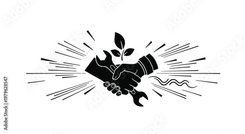 Hands holding a wrench and a plant sprout together, symbolizing environmental conservation and practical action with radiating lines.