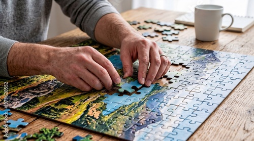 Man assembling a jigsaw puzzle on a wooden table.