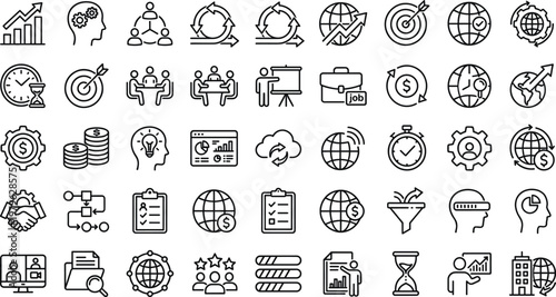 Business strategy and finance outline icon set featuring analytics growth global marketing teamwork planning and corporate management symbols collection