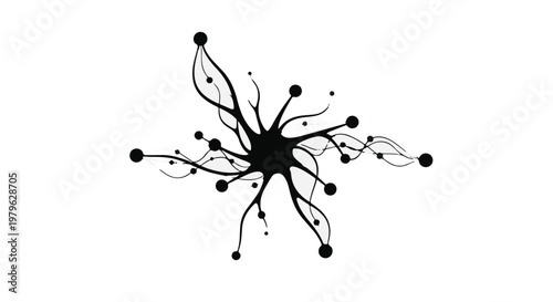 Abstract black and white illustration of a central star-like shape with radiating lines and circular nodes, suggesting a neural network or molecular structure.