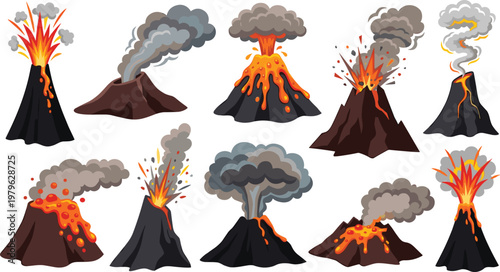 Collection of erupting volcanoes with lava flows, smoke clouds and explosions in flat vector style, natural disaster and geology illustration set