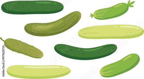 Collection of fresh cucumber illustrations in various shapes and green tones, flat vector vegetable set for healthy food and organic farming design