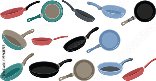 Collection of frying pans and skillets in flat vector style, kitchen cookware set with nonstick pans in different colors and angles isolated on light background