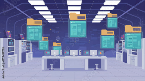 Server room with computer workstations, floating digital file folders, and a glowing data center