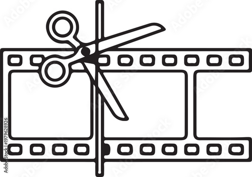 Scissors cutting a film strip, symbolizing video editing.