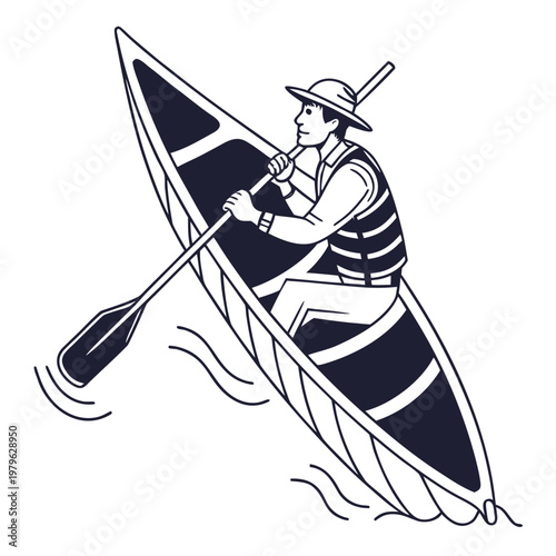 Simple canoe icon with paddle detail in clean vector style. Perfect for outdoor, adventure, and water sport designs. Fully scalable for digital and print use.