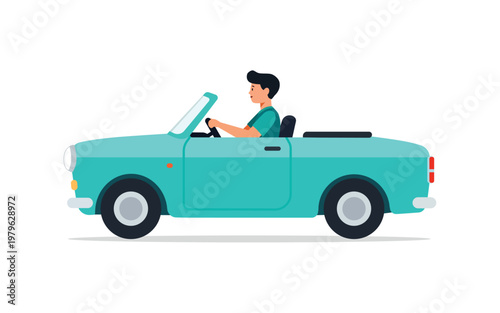 Man Driving Teal Convertible Car