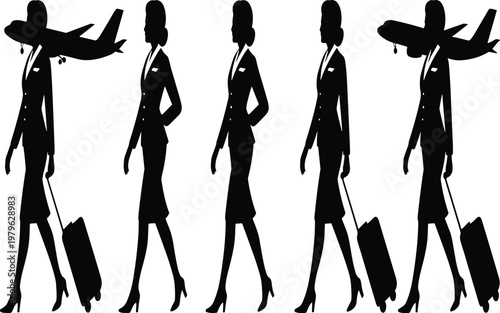 Five black silhouettes of women walking with suitcases and airplanes vector illustration EPS PNG file 