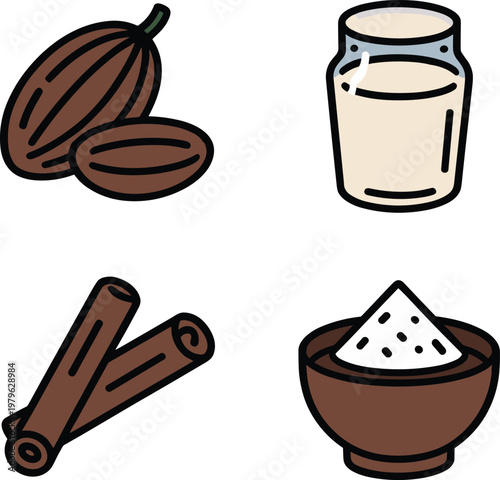 Brown cocoa beans, glass of milk, cinnamon sticks, and bowl of sugar vector illustration EPS PNG file