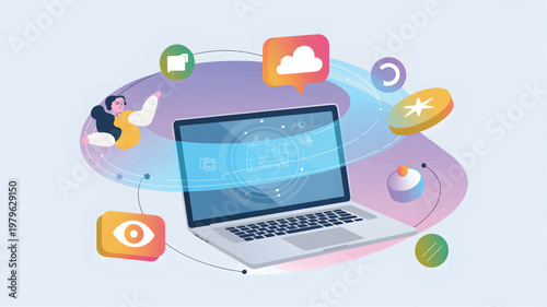Laptop computer with floating digital cloud, eye, and star symbols in a flat style