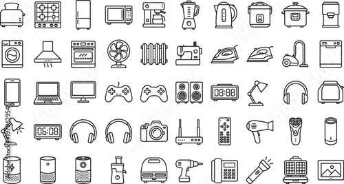 Household electronic devices outline icon set featuring home appliances kitchen equipment smart gadgets and modern technology symbols collection