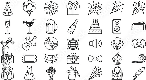 Party celebration outline icon set featuring balloons cake drinks music fireworks gifts decorations festive event entertainment symbols collection