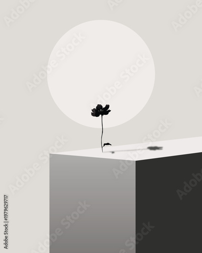 Minimalist Black Flower Silhouette on Abstract Pedestal with Sun Background, Modern Zen Aesthetic Wall Art Poster Design, Grayscale Fine Art Vector for Interior Decor.