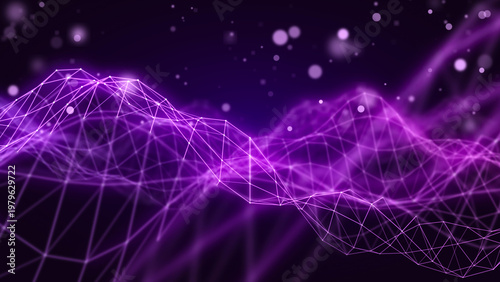 Abstract purple digital technology presentation background. Glowing wireframe landscape with floating bokeh particles. Dark futuristic data science concept. Minimalist vector layout. 