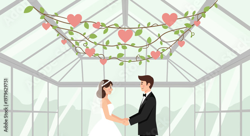 Happy Couple Holding Hands Under Heart Garland in Greenhouse Wedding