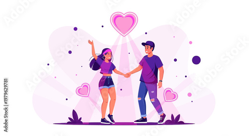 Happy Couple Holding Hands Under Pink Heart, Romantic Love Illustration