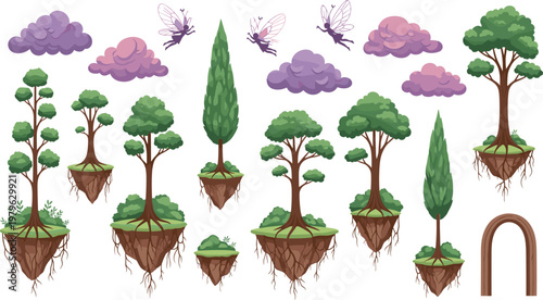 Fantasy floating islands with trees, clouds and butterflies, magical nature elements collection isolated vector illustration for game and fairytale design