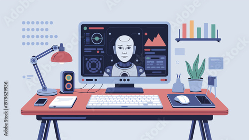 Desk with computer monitor displaying an artificial intelligence robot face, keyboard, and office