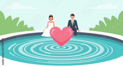 Happy Couple in Wedding Attire by Pool with Pink Heart Floating