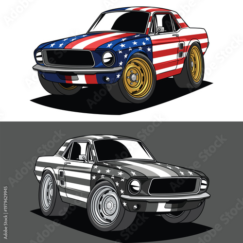 Classic Muscle Car Cartoon With USA Flag Motif