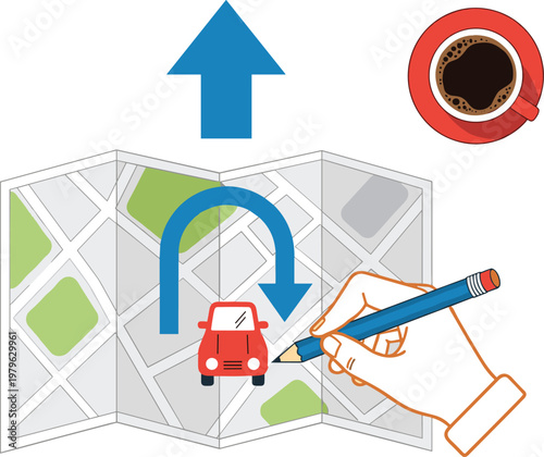Navigation concept with map, car route and hand drawing path, travel planning illustration isolated vector for direction, journey and location design