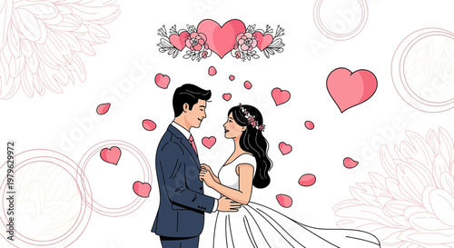 Happy Couple in Wedding Attire Surrounded by Hearts and Rose Petals