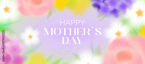 Pastel floral background with blurred pink,white,yellow and purple flowers.Roses, hydrangeas, daisies, and dandelions with green leaves, blurred spring flowers. Vector greeting banner for Mother's Day