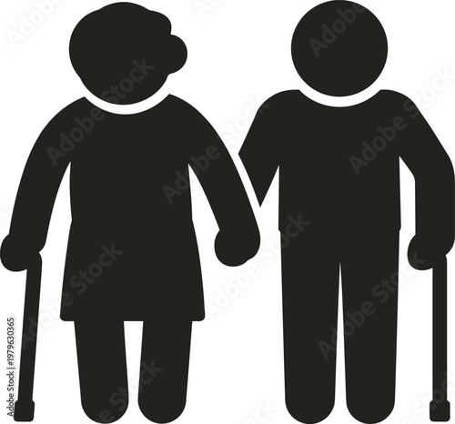 Black silhouettes of elderly couple holding hands with canes old people