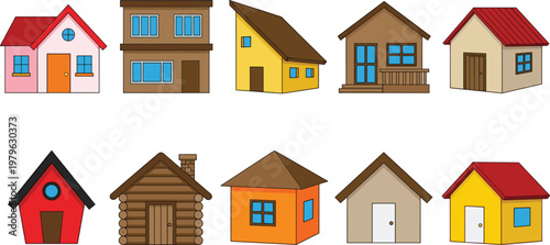 Set of house illustrations in flat vector style with different home designs, residential buildings collection including cottages and modern houses isolated on light background
