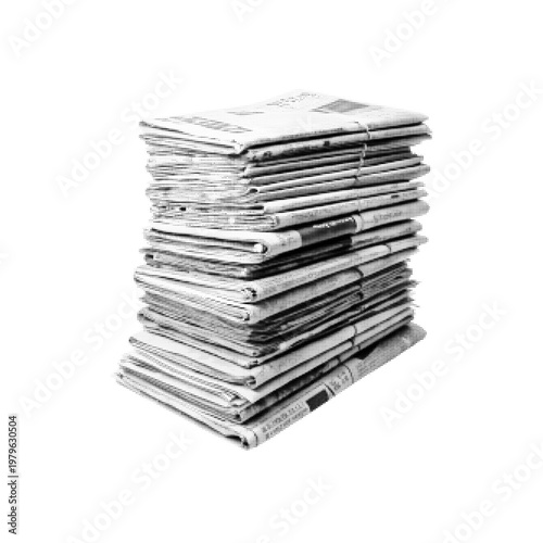 Halftone dotted stack of magazines or newspapers, messy pile of print media in black isolated on white background, vintage style illustration.