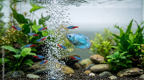 School of small blue and red fish swimming near aquatic plants and rocks underwater.