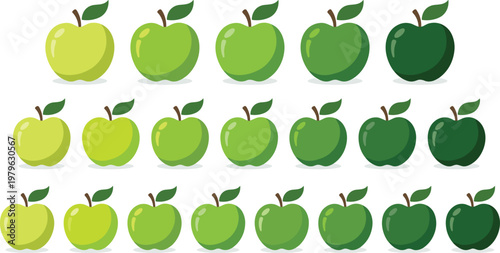 Set of green apple icons in different shades with glossy highlights and leaf, fresh fruit illustration collection isolated on light background