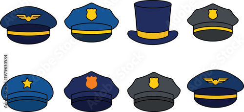 Set of police officer hats and formal uniform caps with badges in flat vector style, law enforcement headwear collection isolated on light background