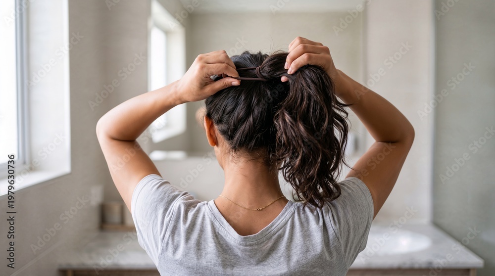 Fototapeta premium Woman styling her hair in bathroom.