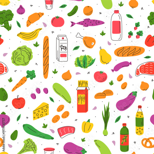 Pattern of doodle groceries: vegetables, fruits, meat, bread, milk, oil, fish. Healthy food. Grocery store.