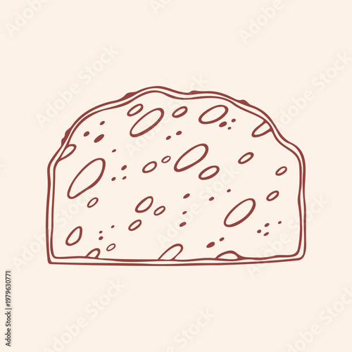 Artisan bread slice with porous texture, brown outline doodle flat retro style. Minimalist hand drawn vector illustration for bakery menu or healthy breakfast branding, isolated on beige background