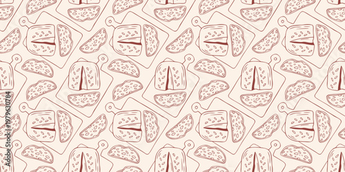 Seamless pattern with rustic bread loaves on cutting boards and slices, brown outline doodle flat retro style. Minimalist hand drawn vector for bakery packaging, wrapping paper, beige background.