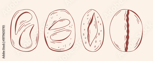Artisan bread collection with various rustic loaves and buns, brown outline doodle flat retro style. Minimalist hand drawn vector illustration set for bakery menu, food branding on beige background